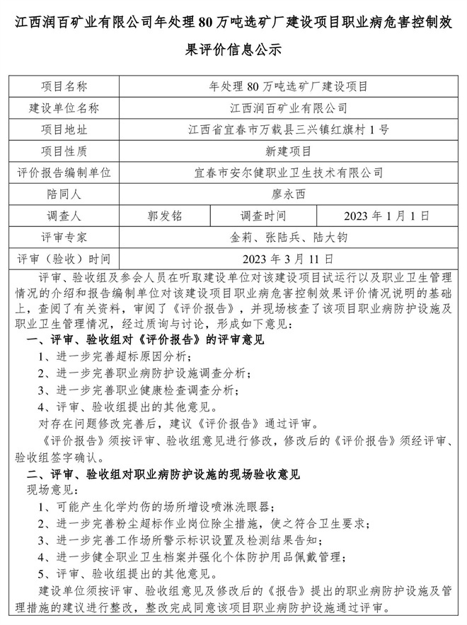 1678782149572329.jpg 江西潤百礦業(yè)有限公司年處理80萬噸選礦廠建設(shè)項(xiàng)目職業(yè)病危害控制效果評價(jià)信息公示-1.jpg